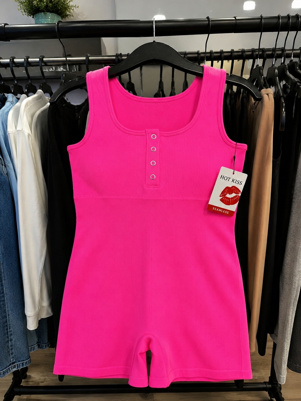 Hot Kiss Bright Pink Ribbed Sleeveless Seamless  Romper Size M/L